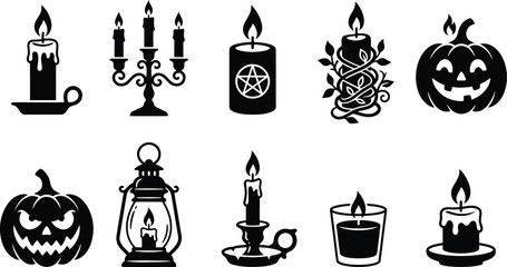 Naklejka premium Set of black and white hand drawn candle and pumpkin icons for halloween and occult themed graphic design projects
