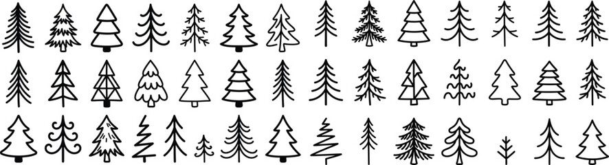 Fototapeta premium Christmas Tree Outline Icons Set Pine Tree, Fir Tree, Evergreen Forest, Holiday Tree, Minimal Line Vector Collection