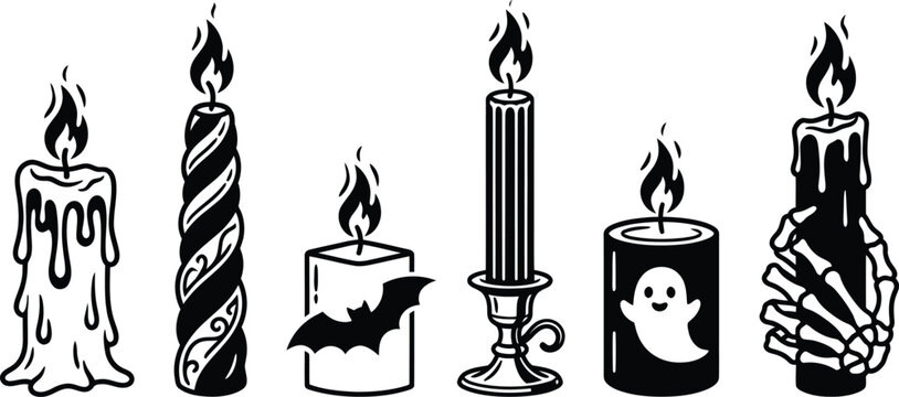 Set of hand drawn black and white candles with halloween themes like ghosts bats and skeleton hands