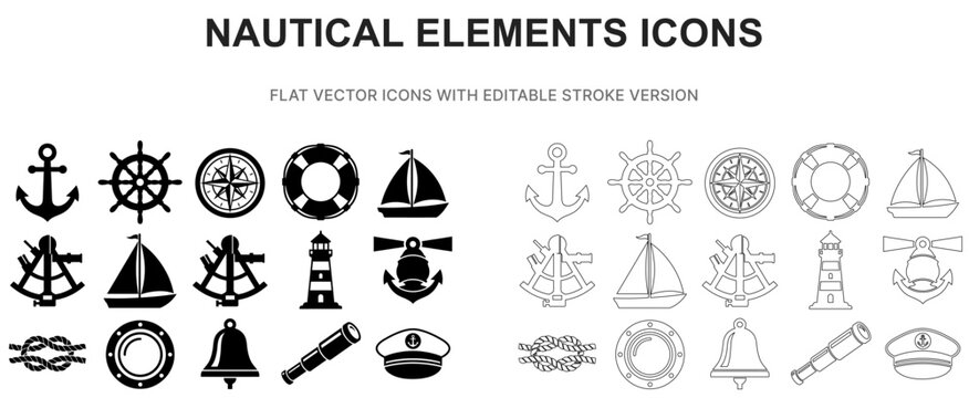 nautical elements sheet summer anchor marine sea ocean icon set vector flat outline silhouette illustration graphic symbol sign