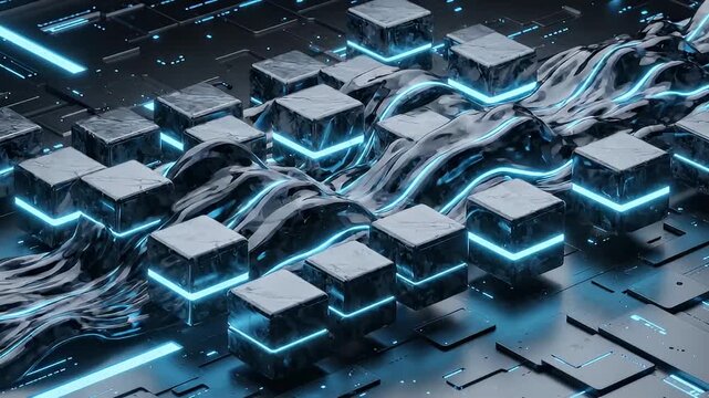 Scifi cubes with glowing blue lines on a dark metallic grid