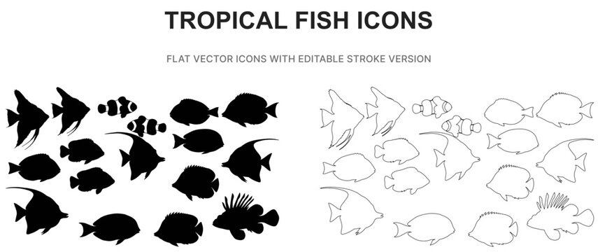 tropical fish summer sea ocean animal marine underwater icon set vector flat outline silhouette illustration graphic symbol sign
