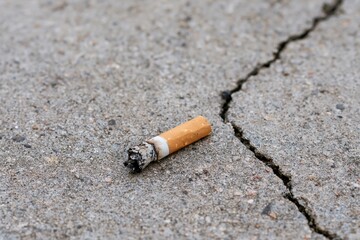 Obraz premium The cigarette butt on cracked pavement in desolate urban street scene