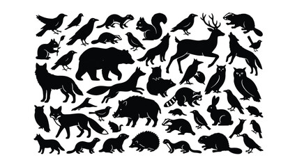 Naklejka premium Collection of Various Wild Animals Silhouettes in Black Transparent Background Design
