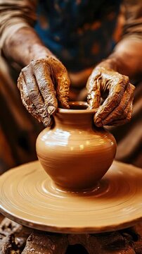 Potter's dirty hand expertly molding wet clay on a rotating pottery wheel, forming a ceramic vessel using ancient artisan method, demonstrating traditional craft skill.