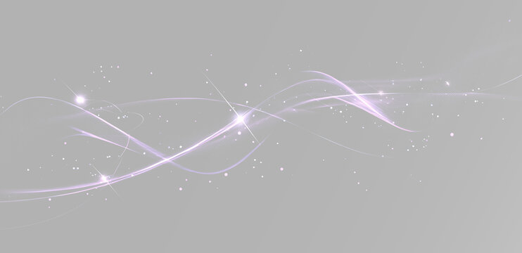 Purple neon light wave with sparkling particles glowing lines and smooth flowing curves forming magical energy PNG
