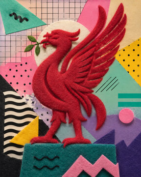 Handmade felt Liverbird crest on colorful geometric memphis background illustration