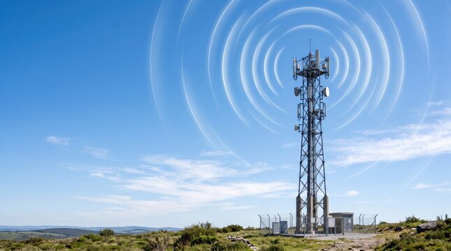 Telecommunication tower with radio waves, signal transmission, mobile network antenna on hill, blue sky, wireless technology, internet connectivity, broadcasting station