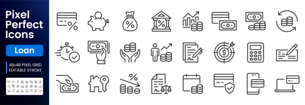 Money loan line icon set. Tax rate, credit card, zero interest, finance goal, retirement plan, mortgage minimal vector illustration. Simple outline signs. 48x48 Pixel Perfect. Editable Stroke