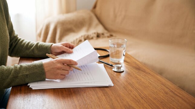 Hands-on review of documents, with a pencil in hand, a glass of water on the side, and the focused attention on the text.