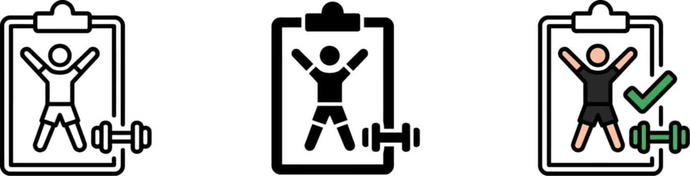 Fitness workout plan icons on clipboard, gym training schedule with dumbbell and athlete, personal trainer exercise program vector set