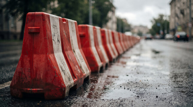Sequence of industrial plastic road barricades with red and white stripes standing on damp pavement under grey sky depicting traffic management and urban development.