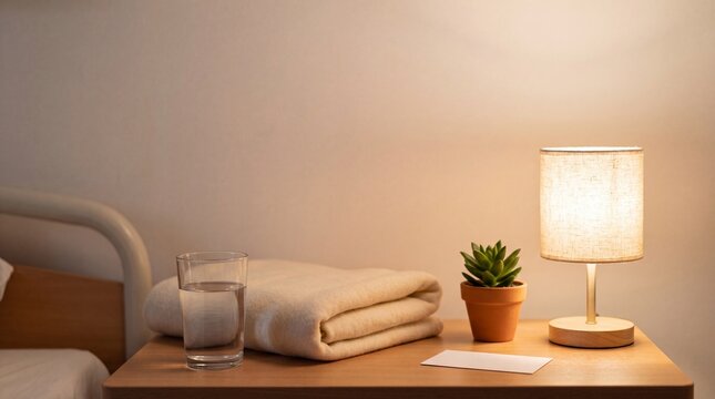 A bedside table setup with a glass of water, a neatly folded blanket, a small potted plant, and a glowing lamp, evoking a sense of calm and comfort.