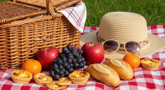 Picnic setup with basket, bread, fresh fruits, and pastries on checkered blanket in grassy field, evoking outdoor leisure, summer gathering, and rustic countryside dining