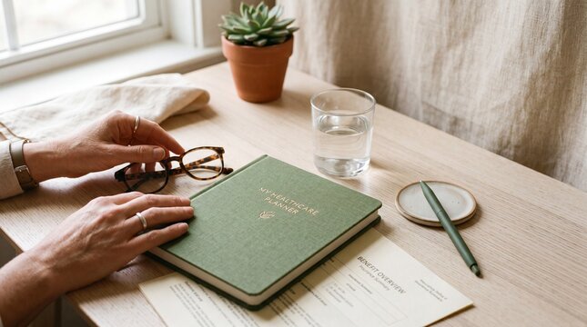 A person's hands hold reading glasses over a green journal on a wooden desk, surrounded by a glass of water, a succulent plant, and a pen, evoking a sense of calm and focus.