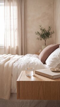 A serene bedroom vignette featuring a neatly made bed with crisp white linens, a bedside table with a book and a glass of water, and a delicate potted plant, all bathed in soft, natural light.