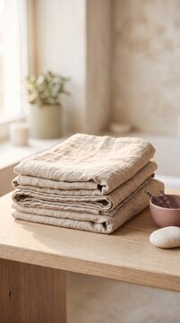 A stack of soft, folded linen towels in a neutral hue rests on a wooden vanity in a serene bathroom setting, evoking a sense of calm and comfort.