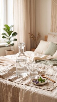 A carafe and a glass of water, adorned with fresh mint and delicate purple flowers, are elegantly placed on a linen tablecloth beside a neatly made bed, exuding tranquility and hygge.