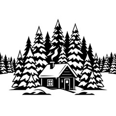 Fototapeta premium Cozy wooden cabin in snowy pine forest vector illustration