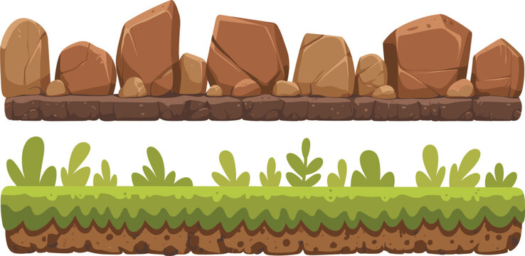 Platform game terrain collection, rocky and grassy ground tiles isolated vector illustration design set backgrounds