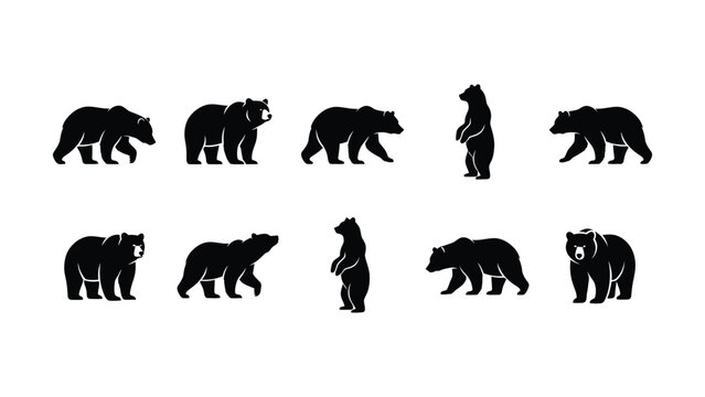Set of black bear silhouettes in various walking and standing poses