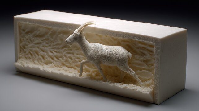A white goat sculpture carved into a block.