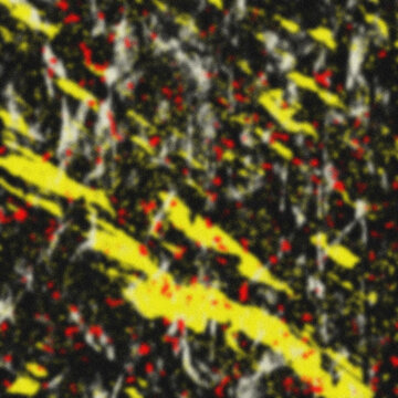 Abstract textured surface featuring bold yellow diagonal stripes interspersed with vibrant red polka dot accents