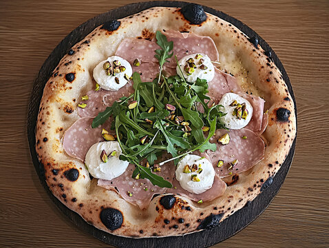 Delicious pizza with mortadella, stracciatella and arugula on a dark background