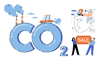 Naklejka premium CO2 emission and environmental pollution vector illustration. Climate change, global warming, industrial impact, carbon footprint, ecological crisis, sustainable future. Carbon dioxide gas exhaust