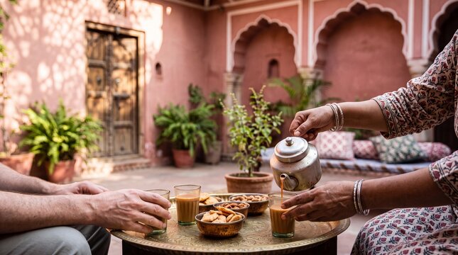 Two people share a tranquil moment over chai and snacks in a sun-drenched courtyard with intricate architecture, evoking a sense of warm hospitality and cultural immersion.