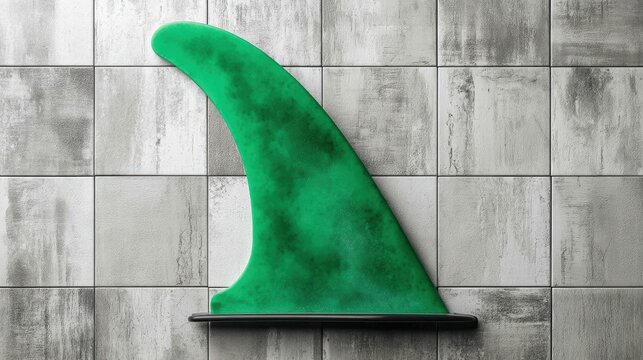 A green surfboard fin on a wall.