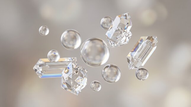 Abstract of transparent glass crystals and spheres floating in air, geometric shapes with light refraction and reflections, minimalist, luxury jewelry or scientific molecular