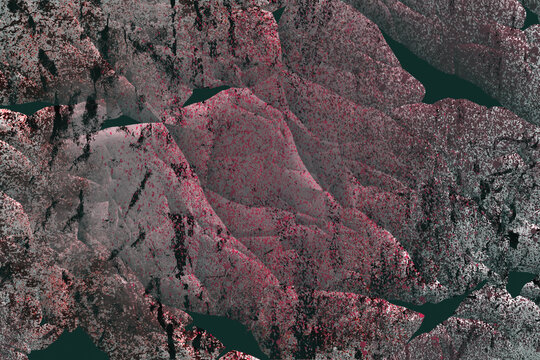 Abstract macro perspective featuring jagged mineral formations with splattered crimson pigment with surfaces adorned chaotic