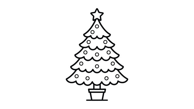Simple line drawing Christmas tree with star top and pot base