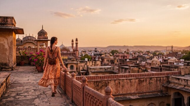 A lone traveler gazes at the expansive cityscape of Jaipur at sunset, a silhouette against the golden sky, walking along an ancient terracotta balcony.