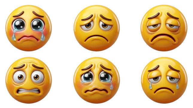 Sad and crying emoji set. Collection of unhappy yellow faces with tears and expressions. isolated on transparent background