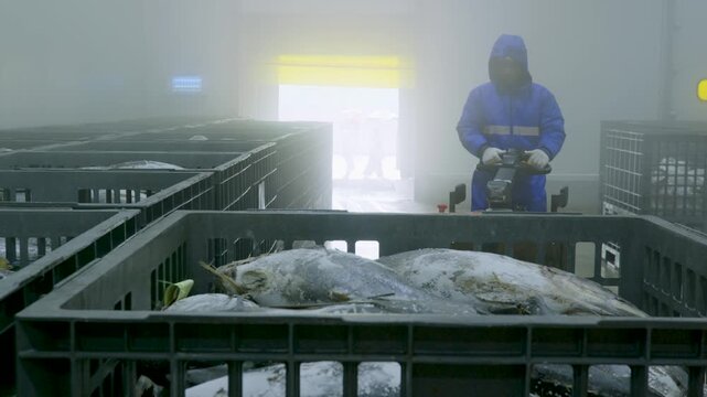 Worker in Blue Parka Operating Machinery in Freezer Filled with Dense Fog