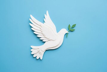 Fototapeta premium White dove carrying green leaf, symbolizing peace and hope. Hope and Diplomacy concept