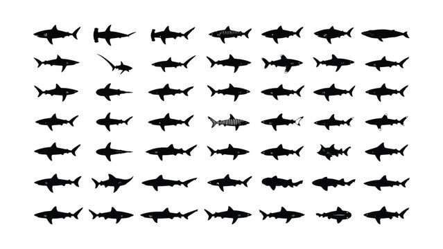 Variety of shark silhouettes in transparent background for creative design projects