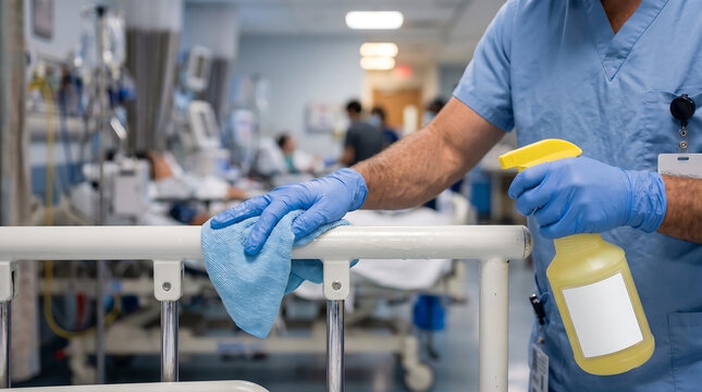 Hospital staff cleaning patient bed railings with spray disinfectant in medical ward cleaning hospital disinfecting sanitizer healthcare sterilizing clinical