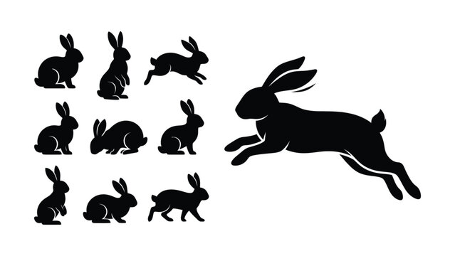 Various black silhouette rabbits in different dynamic poses on transparent background