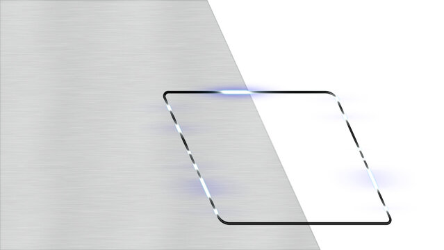 8K Glassmorphism silver modern slanted parallelogram white glowing frame banner isolated on transparent background design element