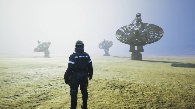 Contact specialist transmitting beacon toward distant dishes to initiate longrange handshake, highstakes atmosphere, calm posture and glowing visor reflecting