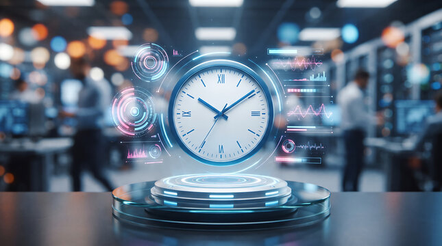 Conceptual clock hologram floating over laboratory desk showing roman numerals representing precision time synchronization within large scale enterprise server network hubs.