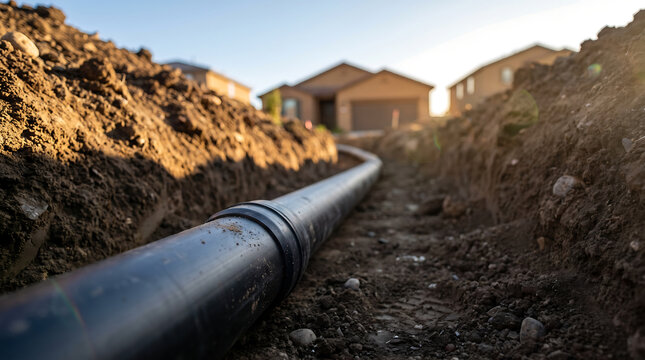 Black water pipe installed in a deep trench running towards a new house in a suburban neighborhood with construction pipeline infrastructure development residential