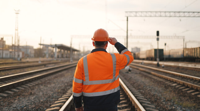 Engineer in orange high visibility clothing standing on railway track at sunset train station perspective view industrial sector logistics and transportation planning concept.