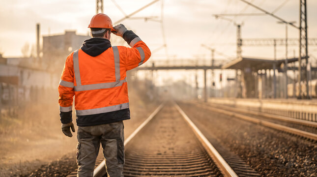 Back view of railway inspector wearing orange high visibility jacket and helmet walking on railroad tracks during sunset railway infrastructure logistics engineering work.
