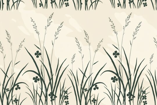 Repeating seamless pattern of dark green grass blades and clover leaves silhouettes on a light cream textured paper background surface