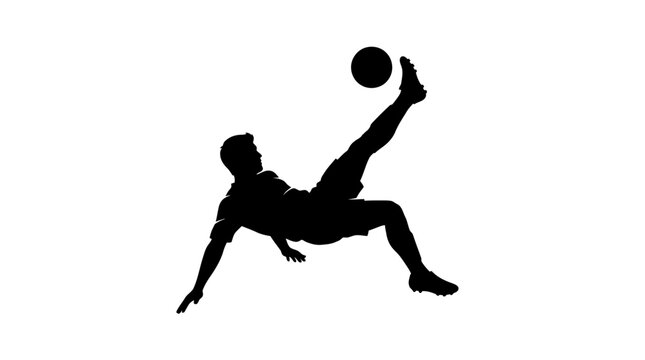 Soccer player silhouette performing bicycle kick, professional football athlete jumping for overhead strike, black vector icon on white background