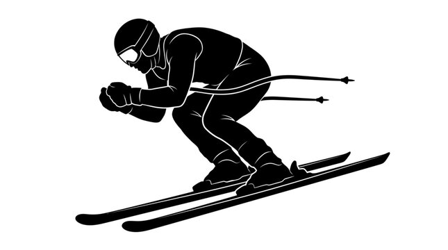 Downhill skier silhouette in tuck position, professional alpine skiing athlete vector, black and white winter sports action graphic on white background